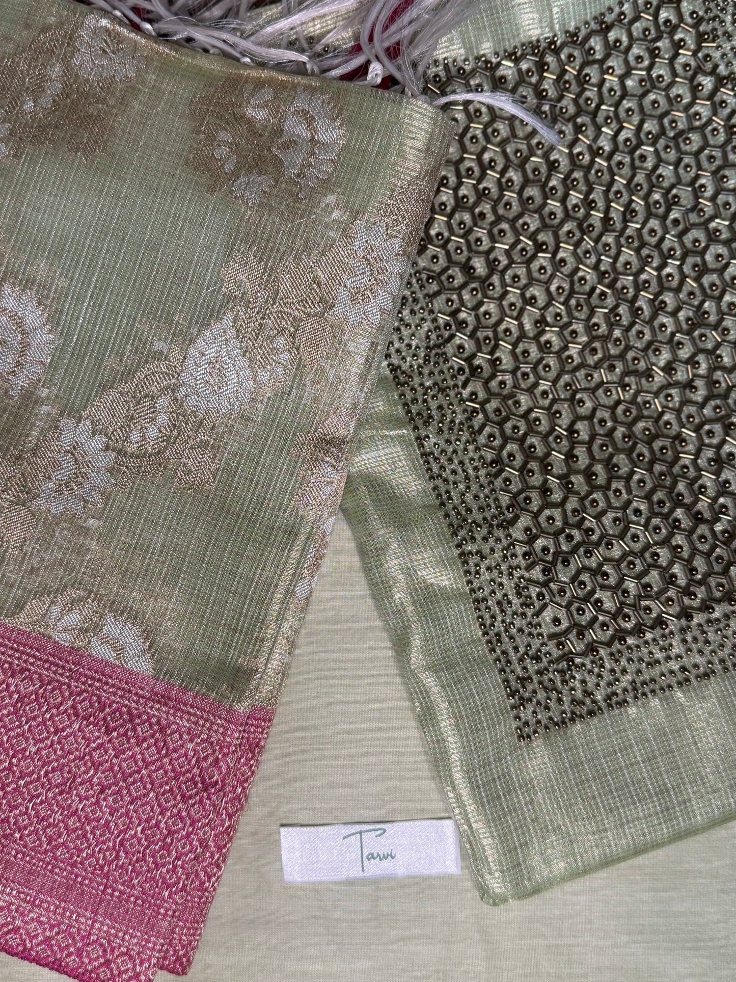 Light Green Tissue Silk 3 pc unstitched Kurti dress material set