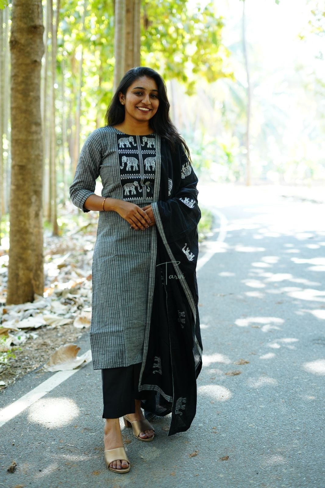 Black cotton 3 pc Kurti Set with Embellishment, Dupatta and Pant