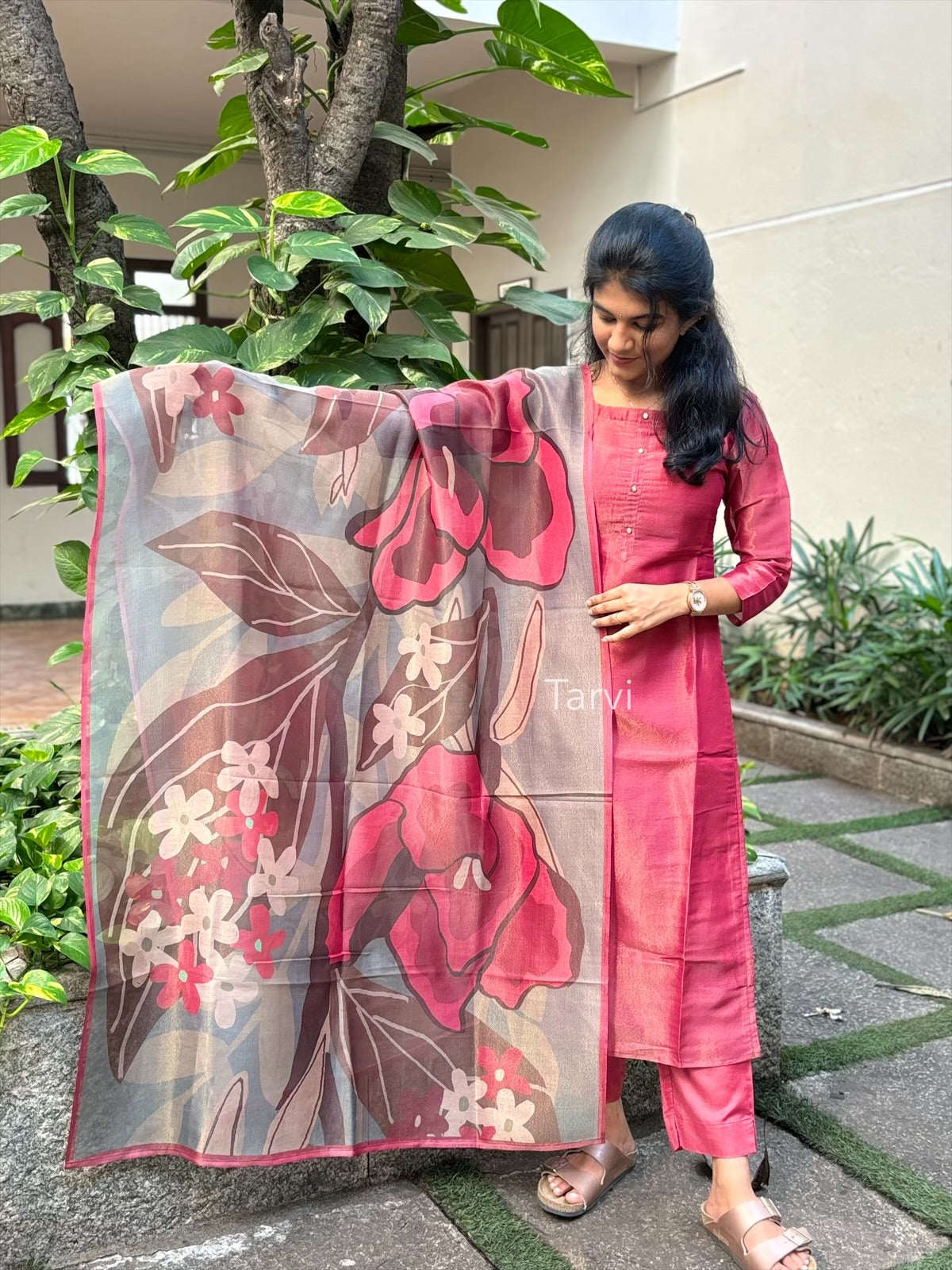 Cherry Red Pure Tissue Silk 3 pc unstitched Kurti dress material set
