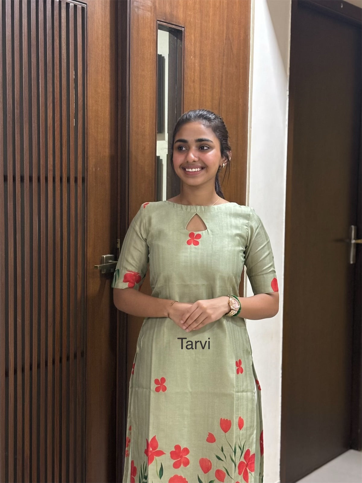 Mint Semi Tussar Silk Kurti with floral print