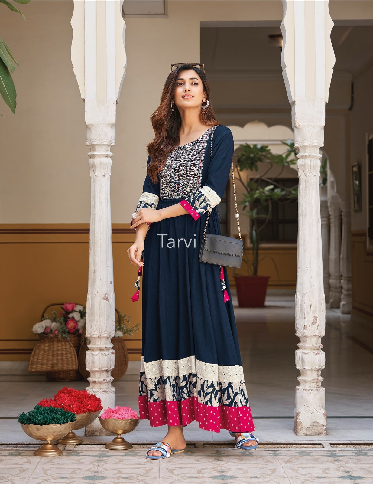 Navy Rayon & Cotton Maxi