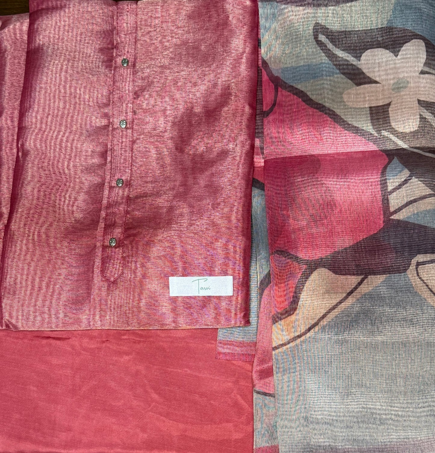 Cherry Red Pure Tissue Silk 3 pc unstitched Kurti dress material set
