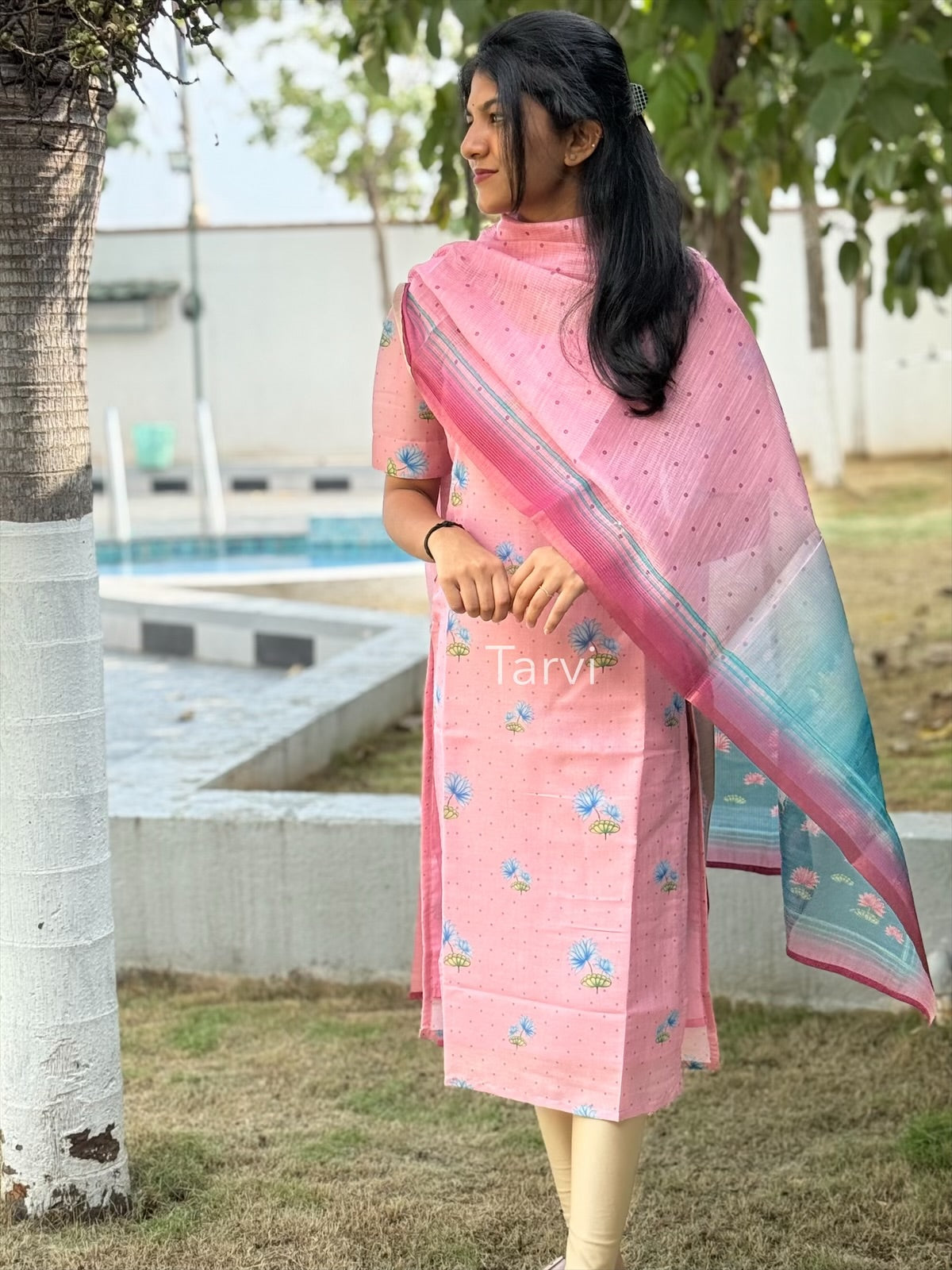Candy Pink Chanderi Silk Kurti with cotton lining and Pichwai Dupatta.