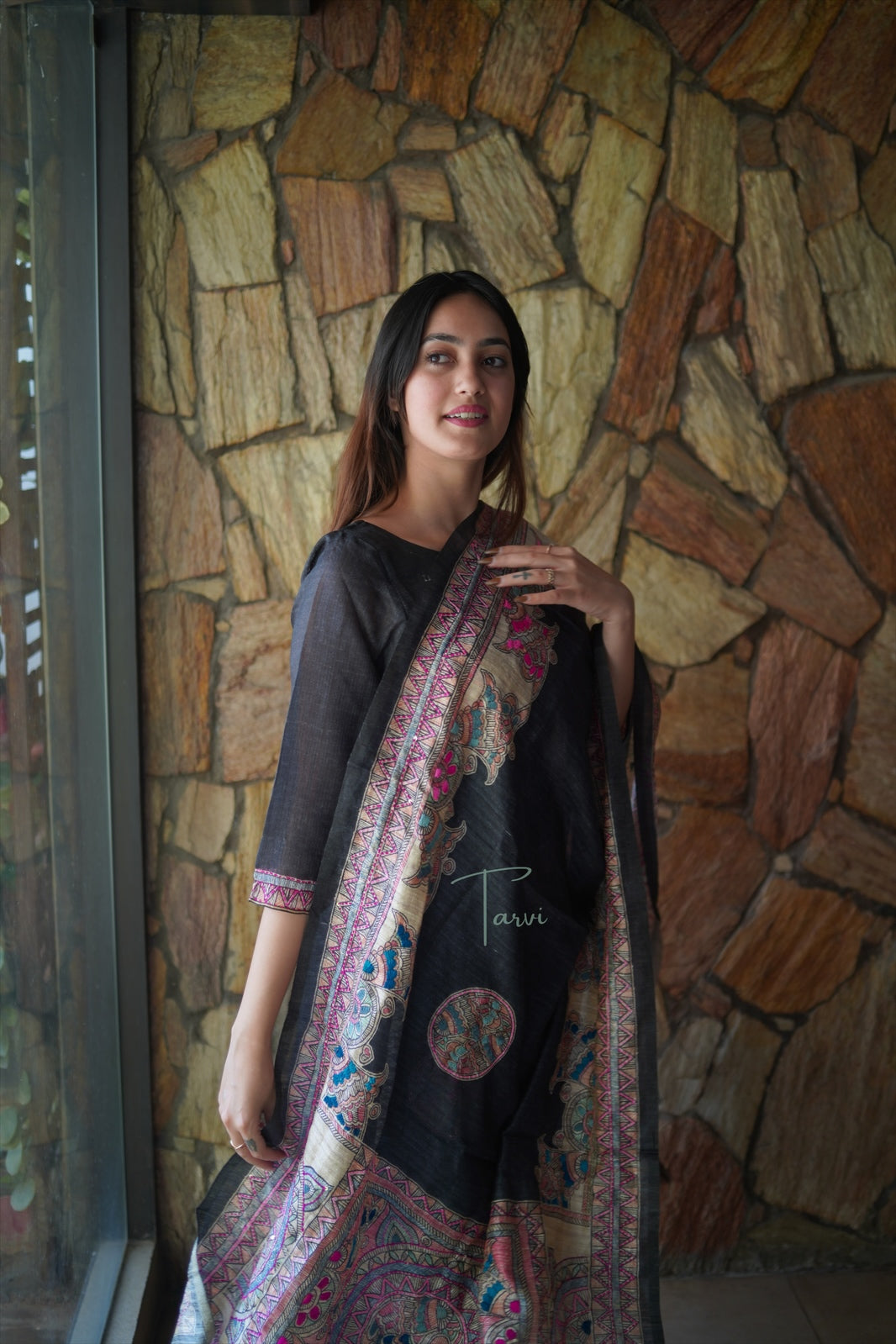 Black 3 Tussar Silk piece Kurti with appliqué, Cotton Lining and Dupatta