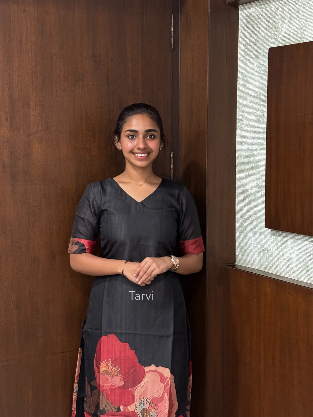 Black Tussar Silk Kurti with floral print