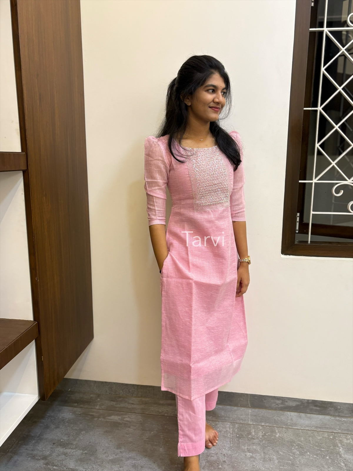 Light Pink Sequin-Embellished Tissue Silk 3 pc Kurti Set with Brocade Dupatta and Silk Pant