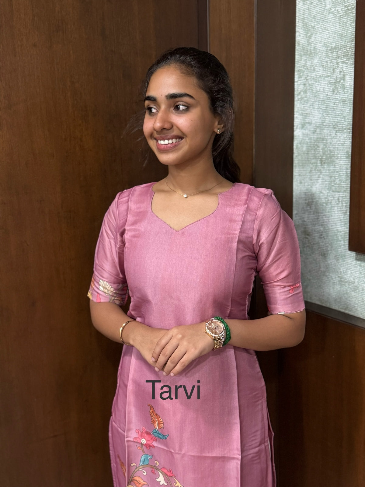 Light Pink Tussar Silk Kurti with floral print