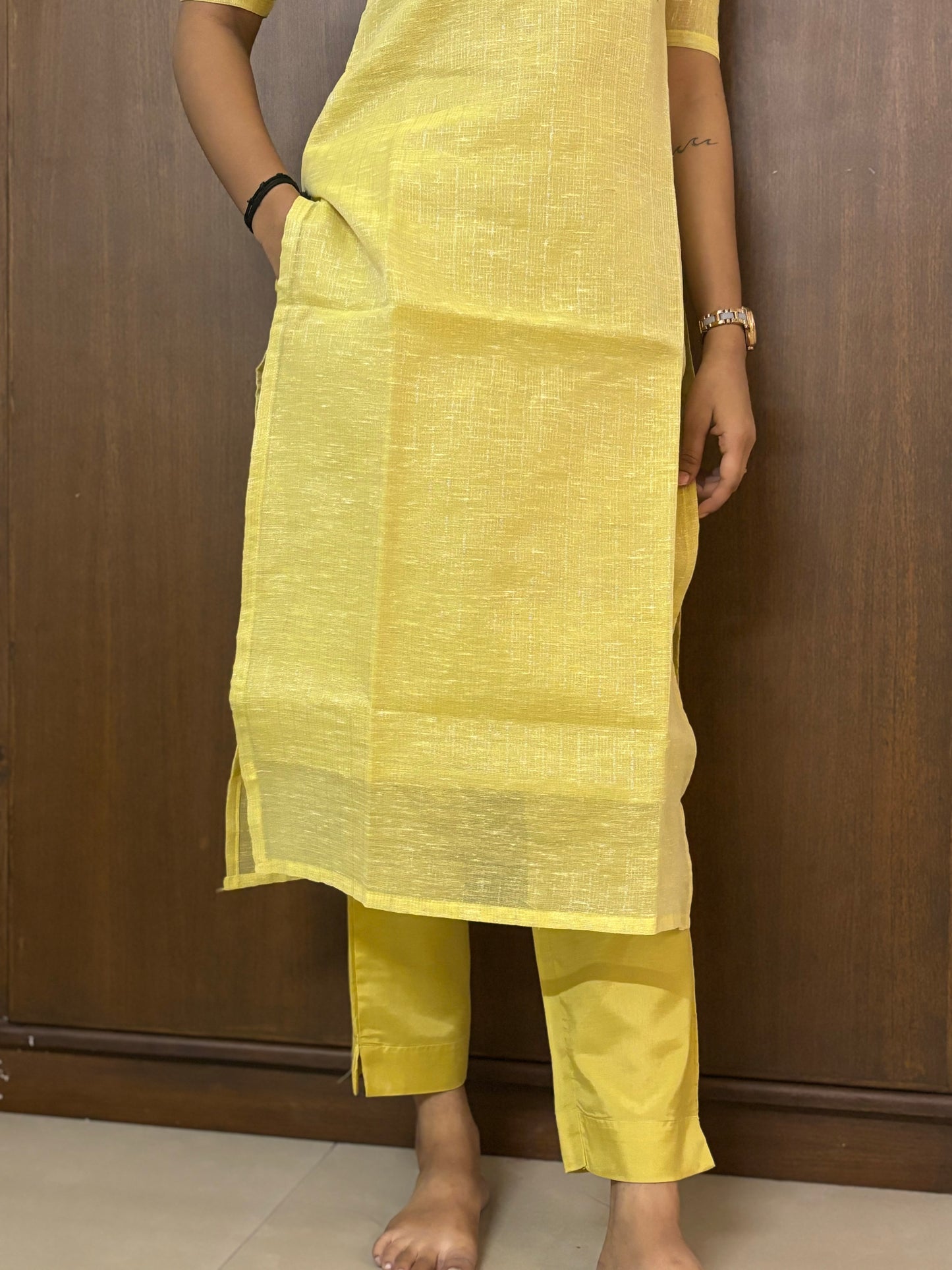 Lemon Yellow Sequin-Embellished Tissue Silk 3 pc Kurti Set with Embroidered Dupatta and Silk Pant