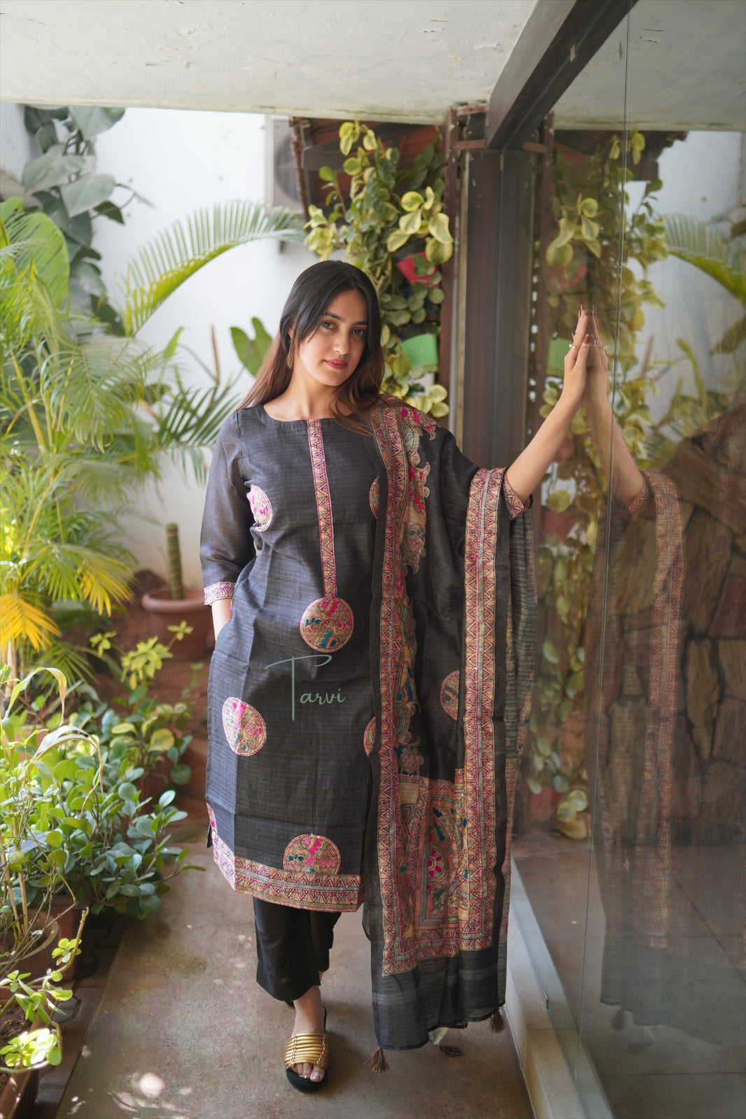 Black 3 Tussar Silk piece Kurti with appliqué, Cotton Lining and Dupatta