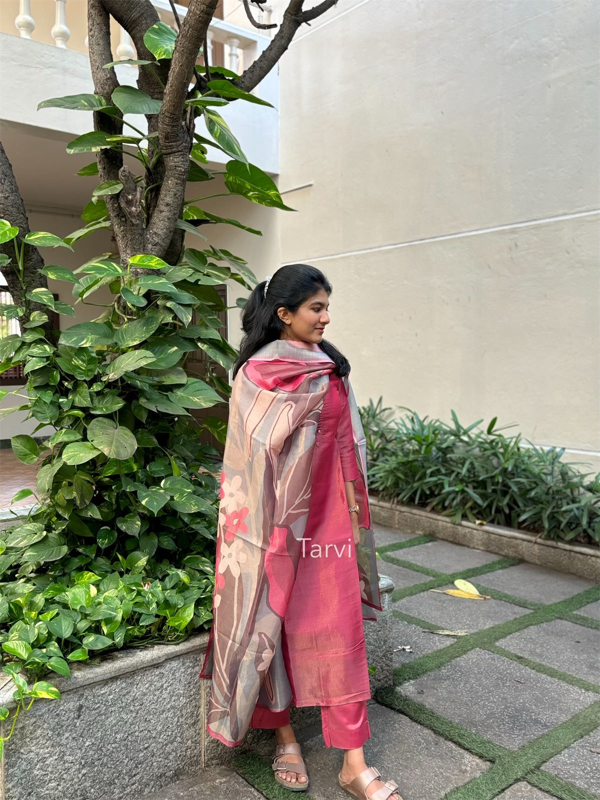 Cherry Red Pure Tissue Silk 3 pc Kurti Set with Dupatta and Pant
