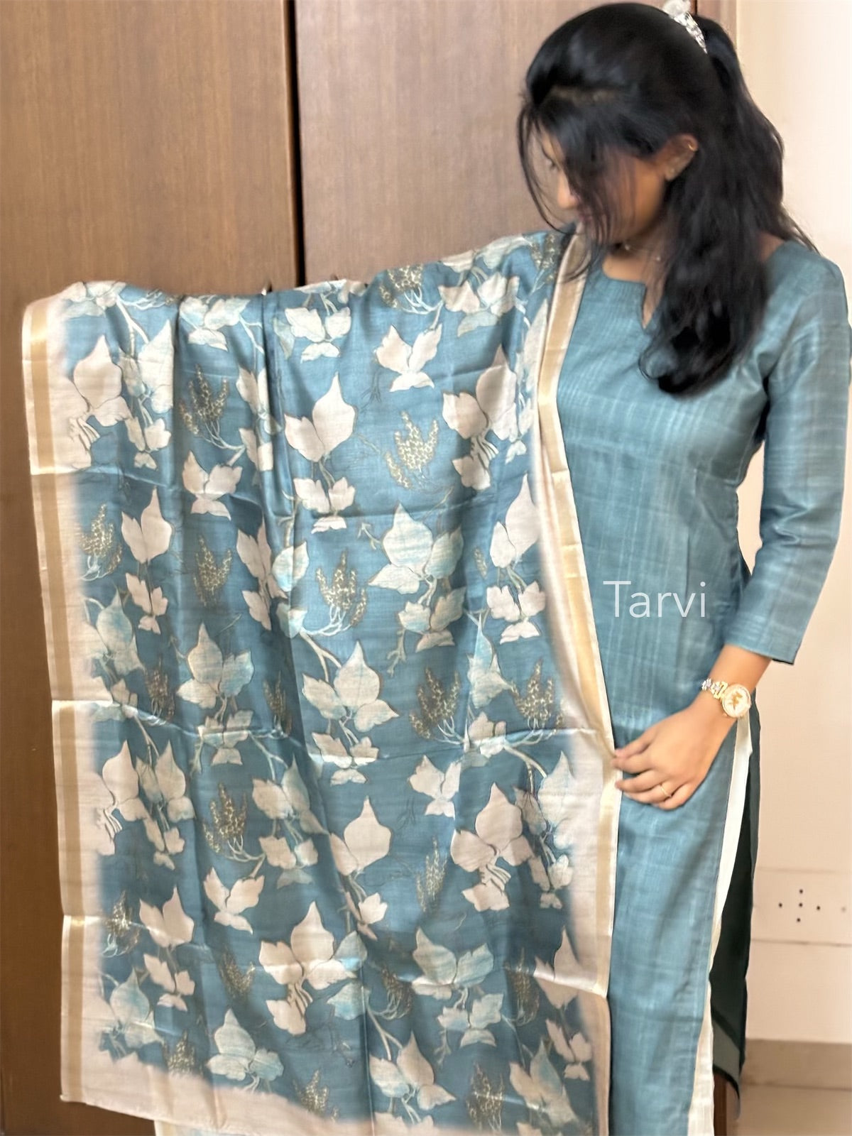Teal Blue Chanderi Silk Kurti with Cotton Lining & Dupatta