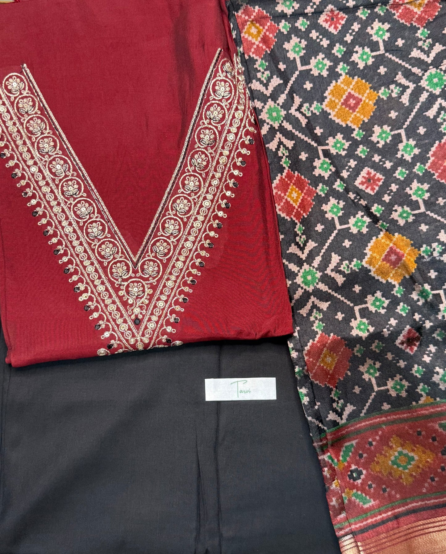 Maroon Silk 3 pc unstitched Kurti dress material set