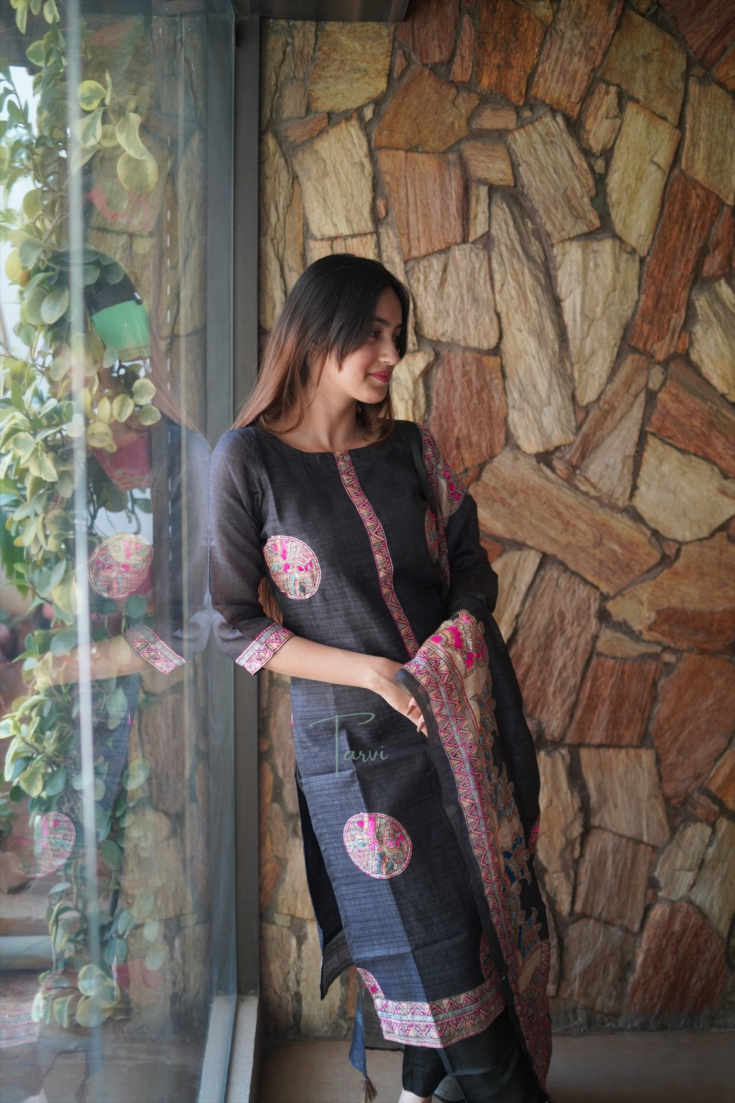 Black 3 Tussar Silk piece Kurti with appliqué, Cotton Lining and Dupatta