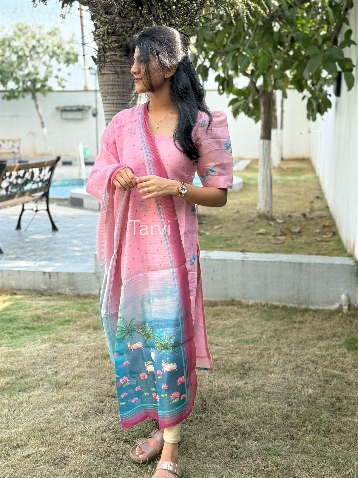 Candy Pink Chanderi Silk Kurti with cotton lining and Pichwai Dupatta.