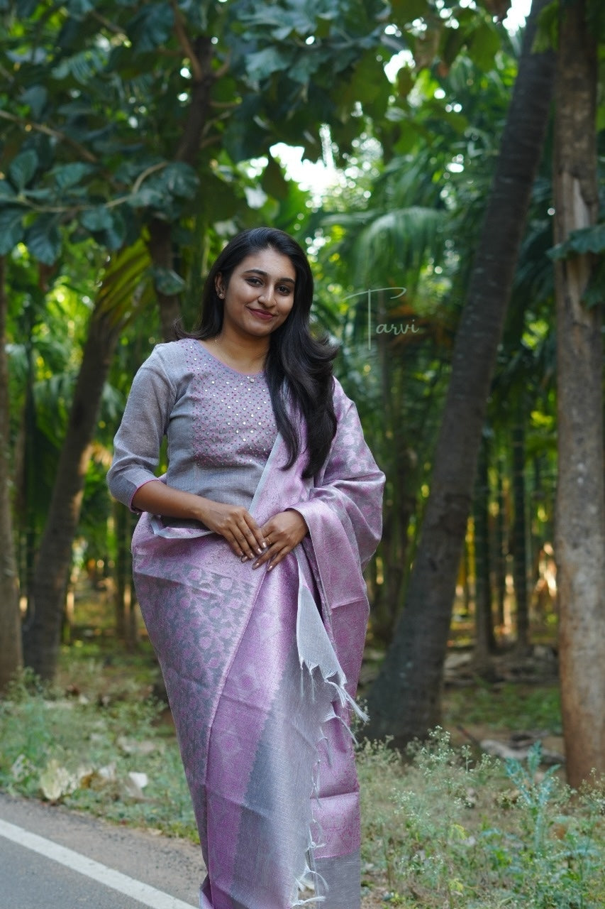 Grey cotton 3 pc Kurti Set with Embellishment, Dupatta and Pant
