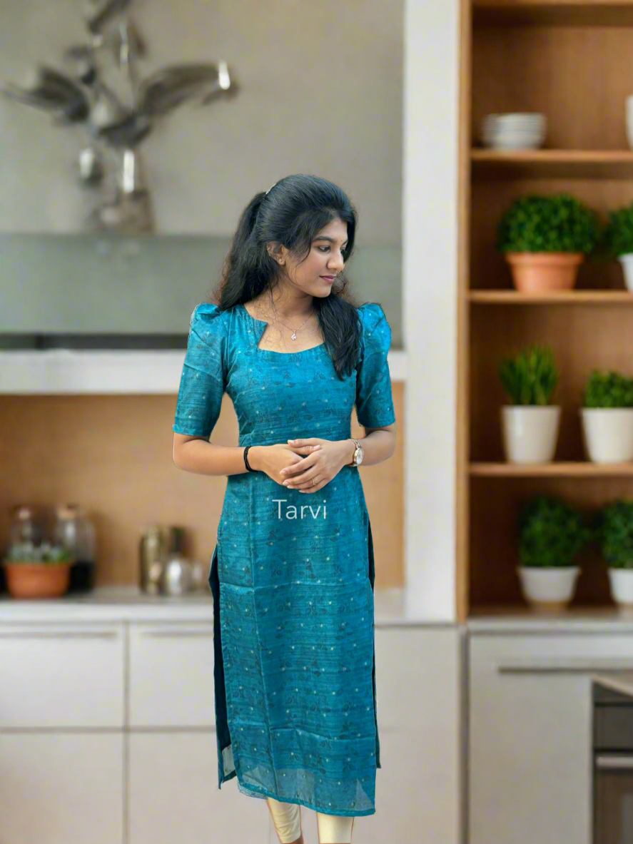 Peacock Blue Chanderi Silk Kurti with Butta, cotton lining and Dupatta