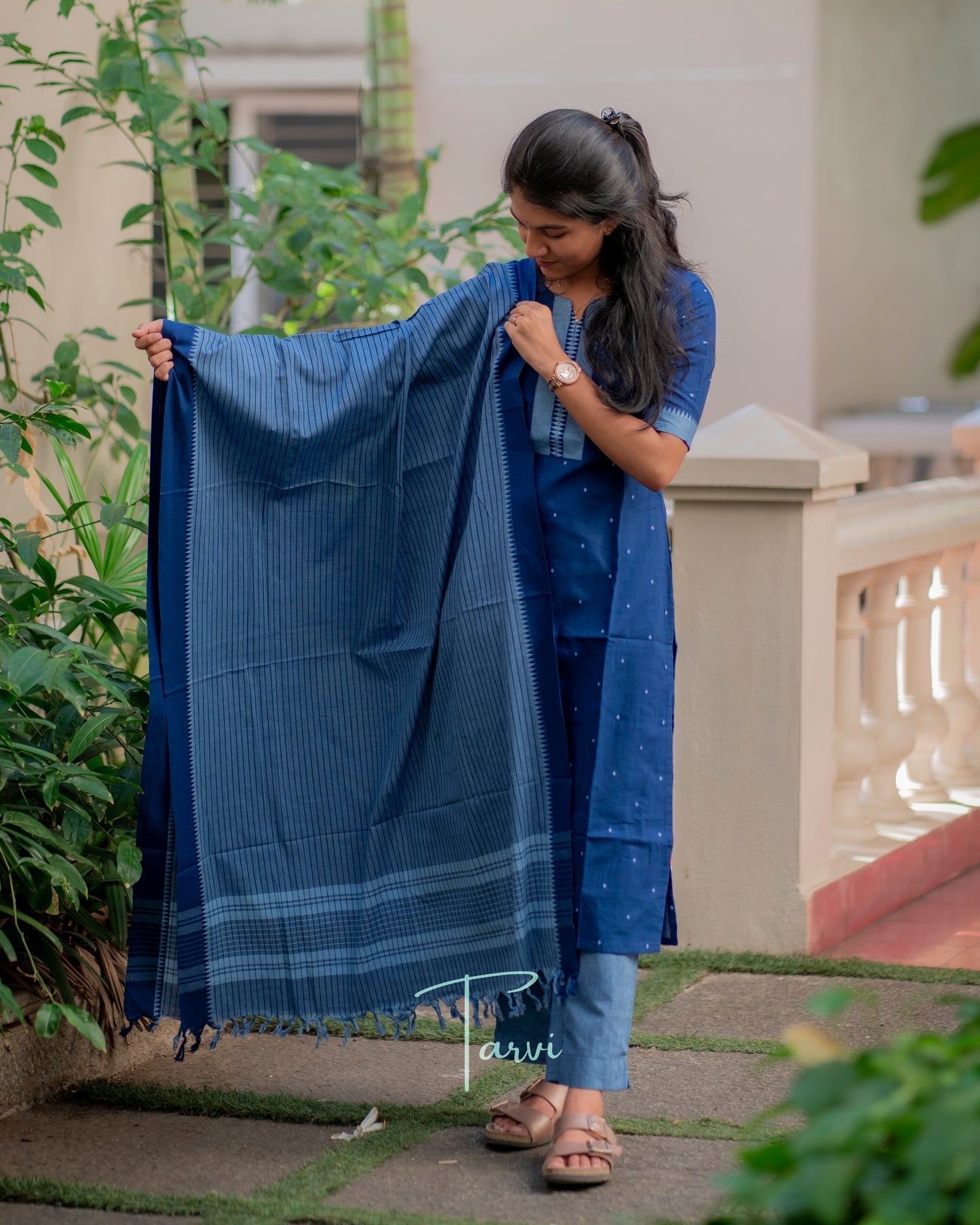 Navy Super Soft Handloom cotton 3 pc Kurti Set