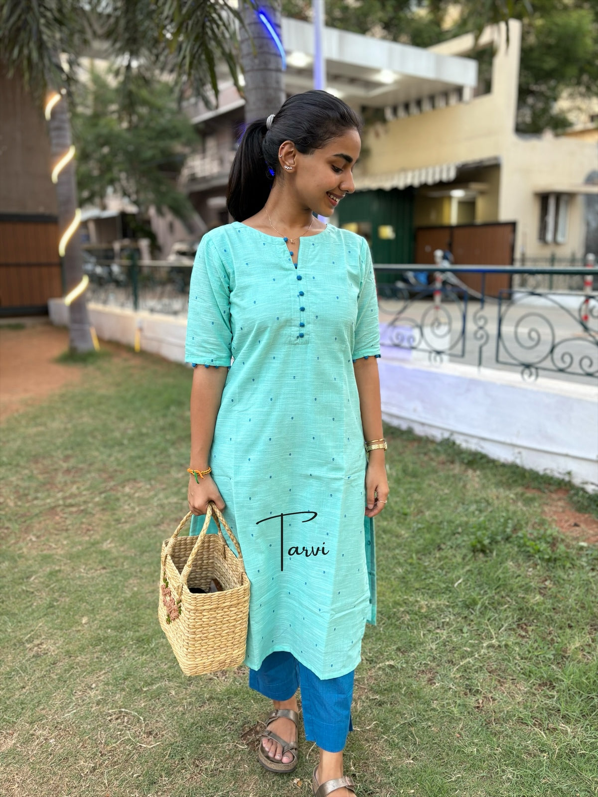 Aqua Pure Cotton Handloom Cord Set with Pocket & Cotton Lining