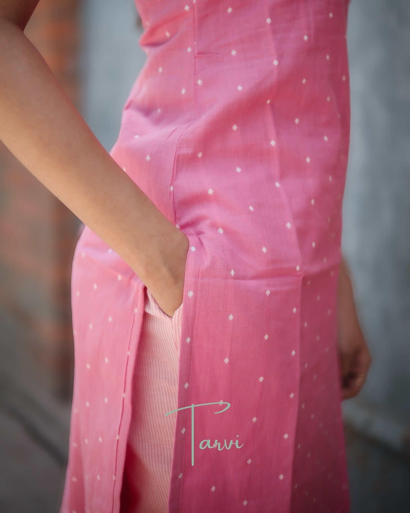 Light Pink Pure Cotton Handloom Cord Set with Pocket & Cotton Lining - Sleeve Option Available