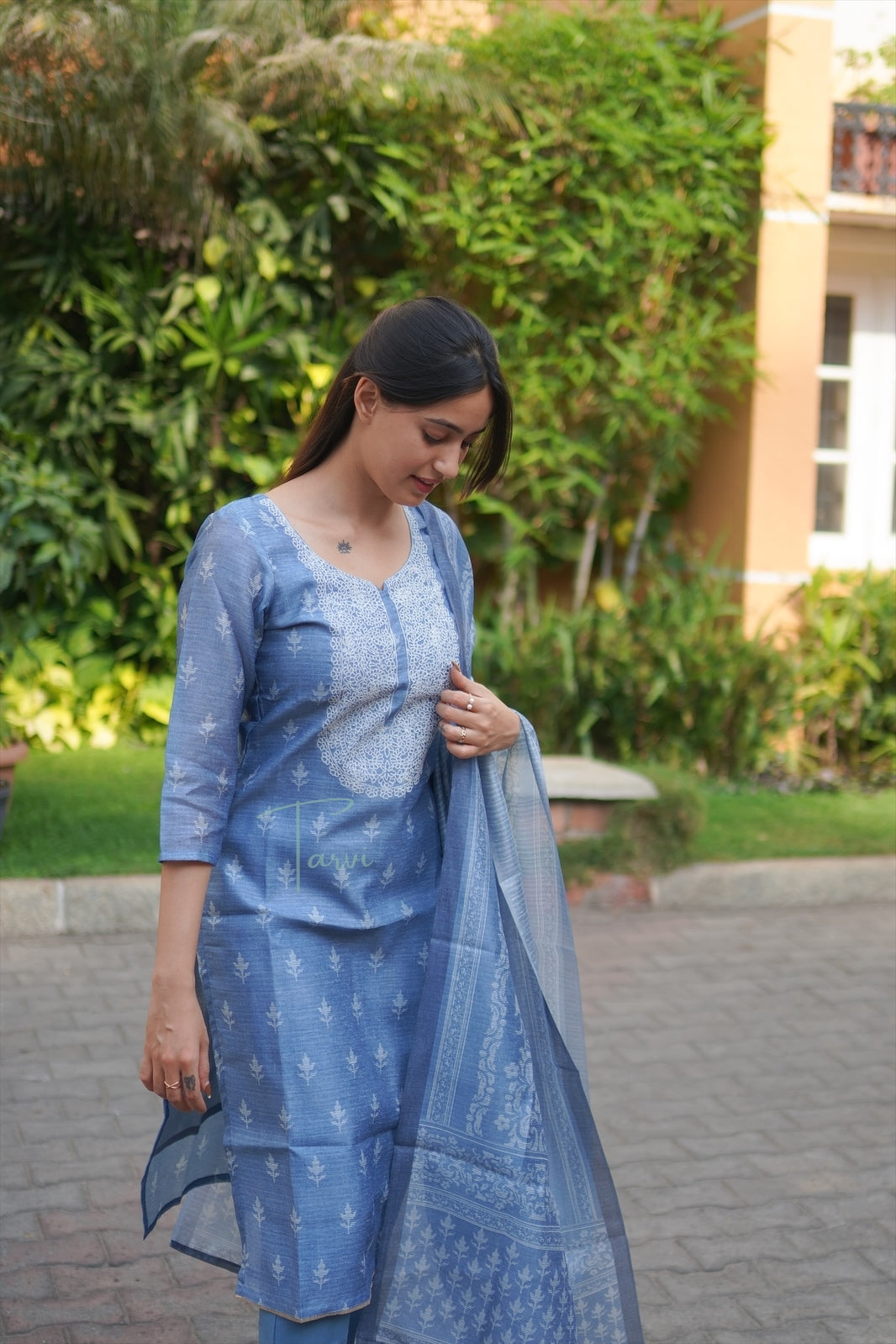 Denim Blue Silk 3 pc Kurti Set with embroidery,Dupatta and Pant