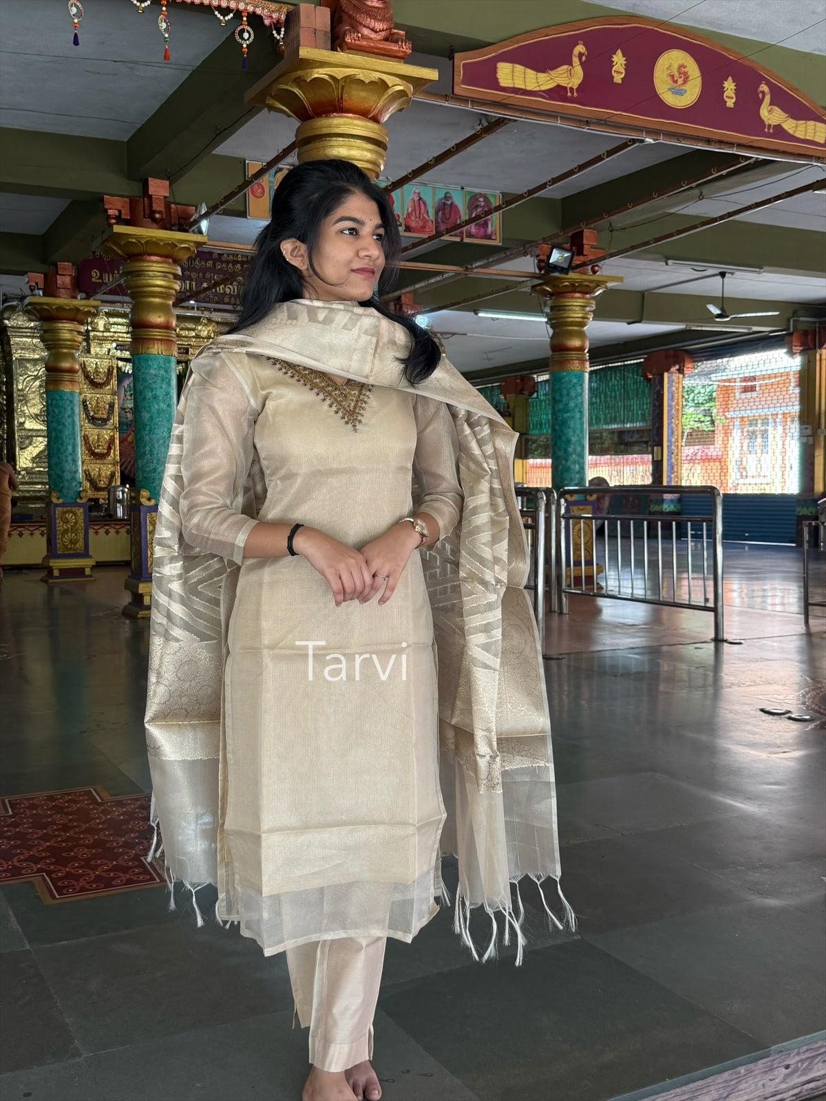 Beige Tissue Silk 3 pc unstitched Kurti dress material set