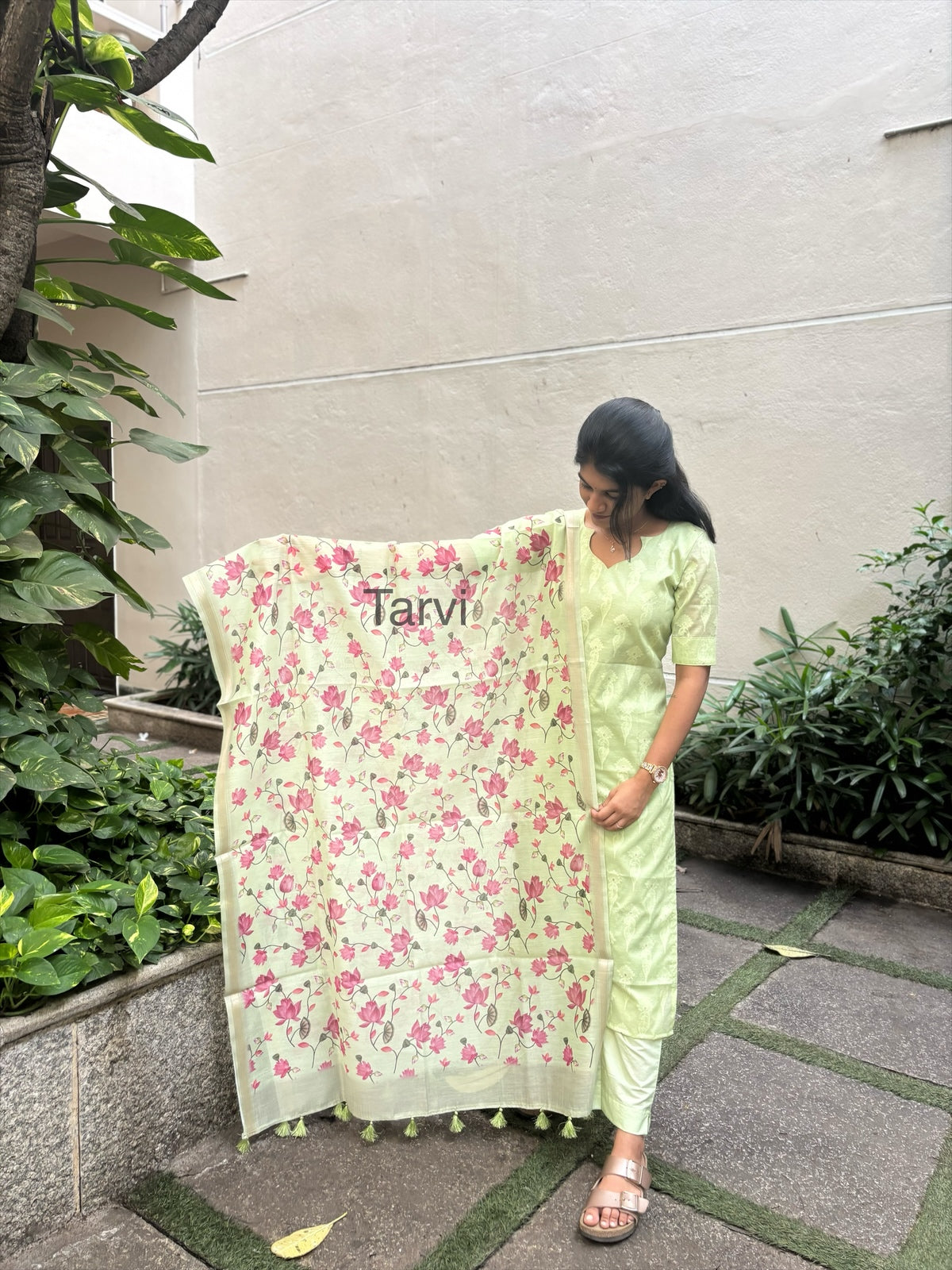 Light Green Handloom Banarasi ( Zari Butta) 3 pc Kurti Suit with Dupatta, Cotton Pant with Pocket