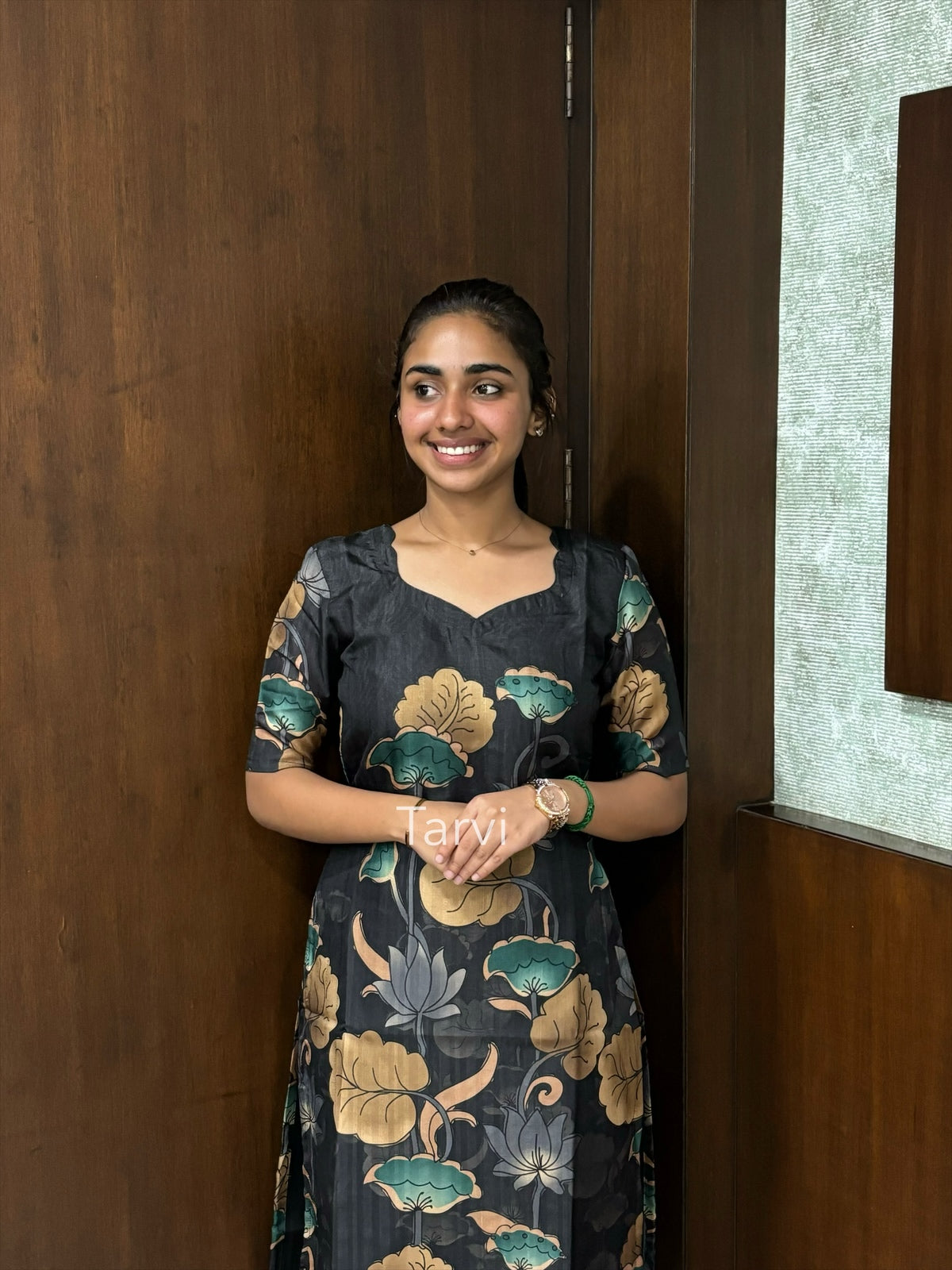Black Tussar Silk Kurti with Floral print