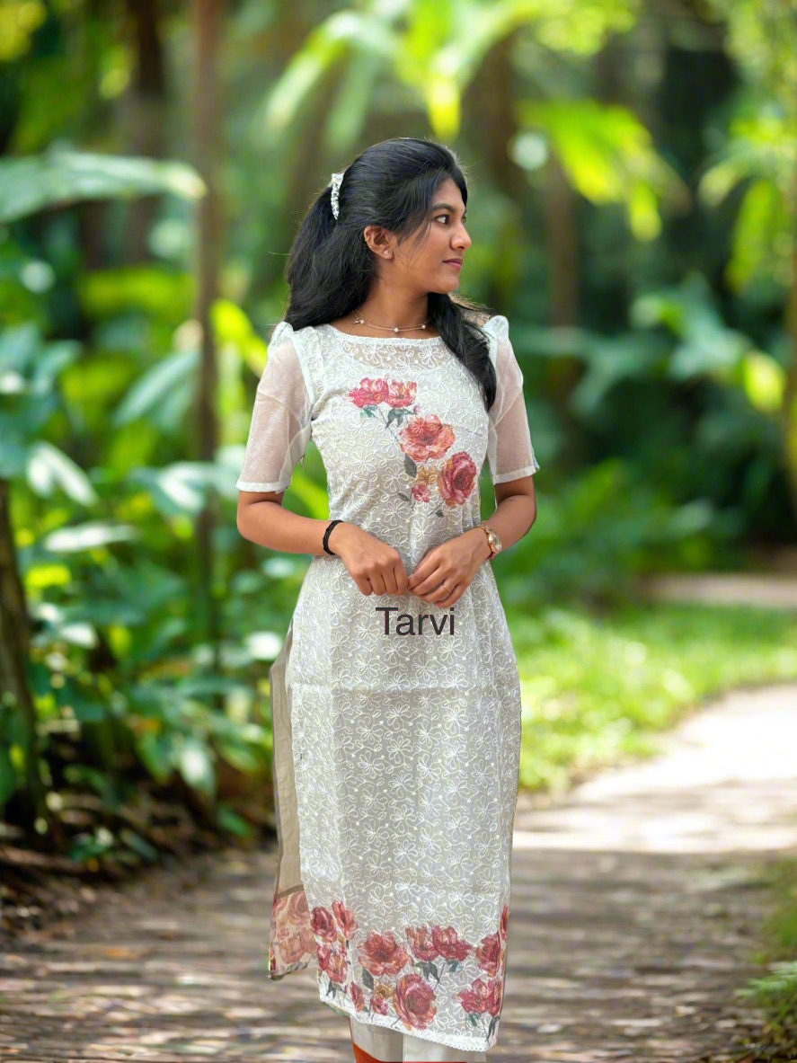Light Mint Banarasi Kota Embroidery 3-Piece Kurti Set with Dupatta and Pant.