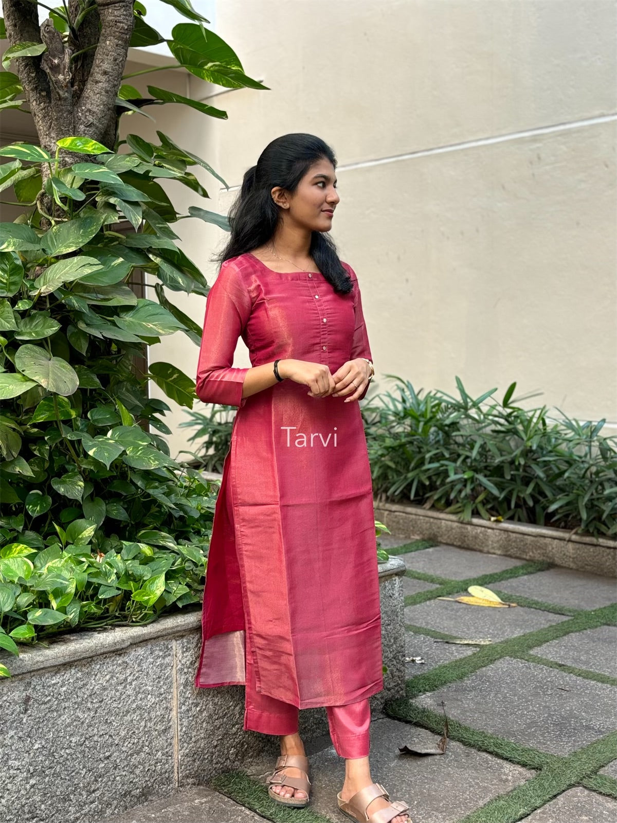 Cherry Red Pure Tissue Silk 3 pc Kurti Set with Dupatta and Pant