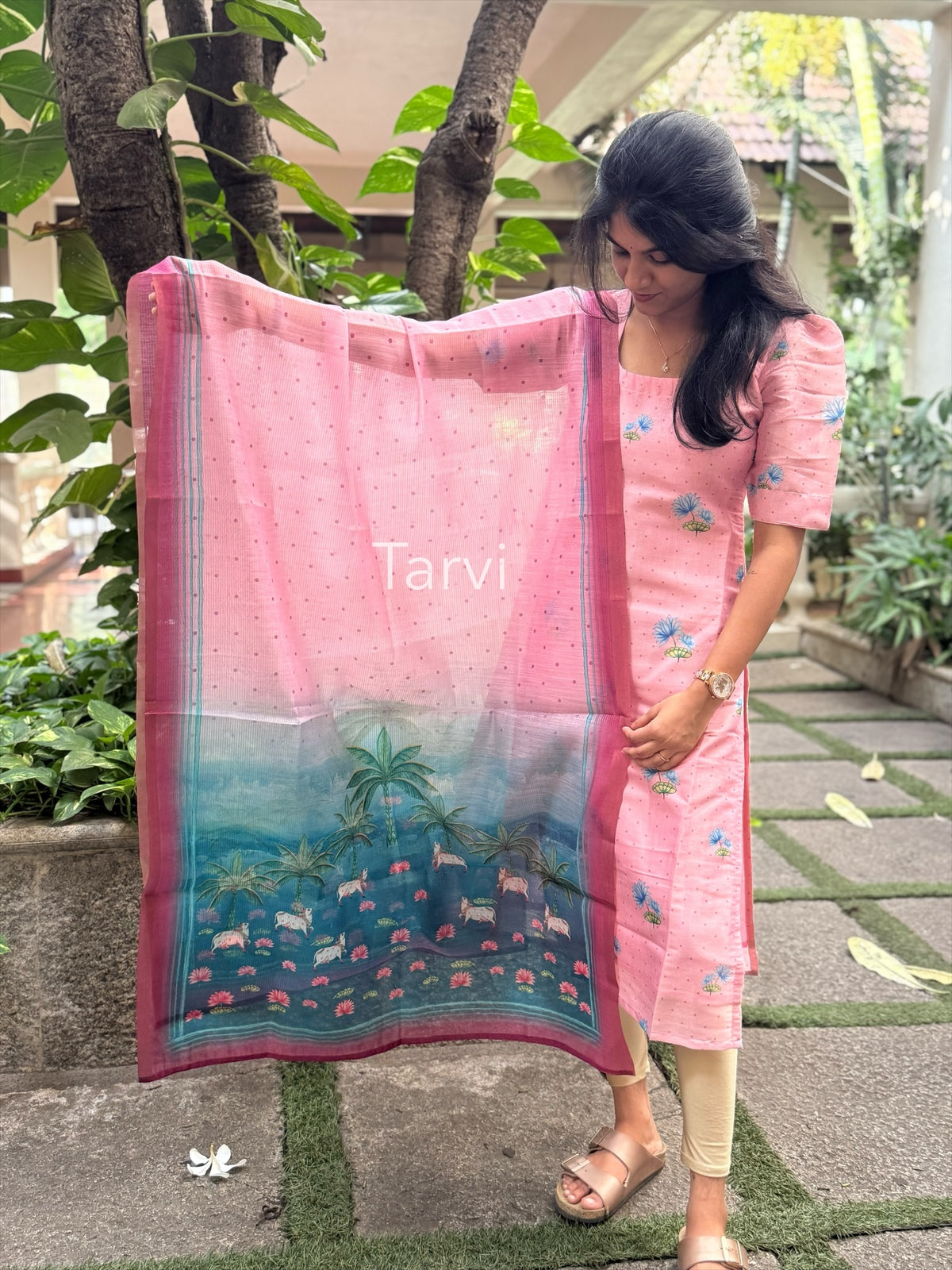 Candy Pink Chanderi Silk Kurti with cotton lining and Pichwai Dupatta.