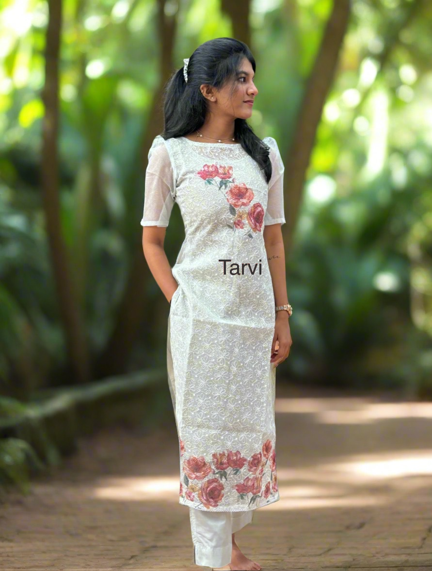 Light Mint Banarasi Kota Embroidery 3-Piece Kurti Set with Dupatta and Pant.