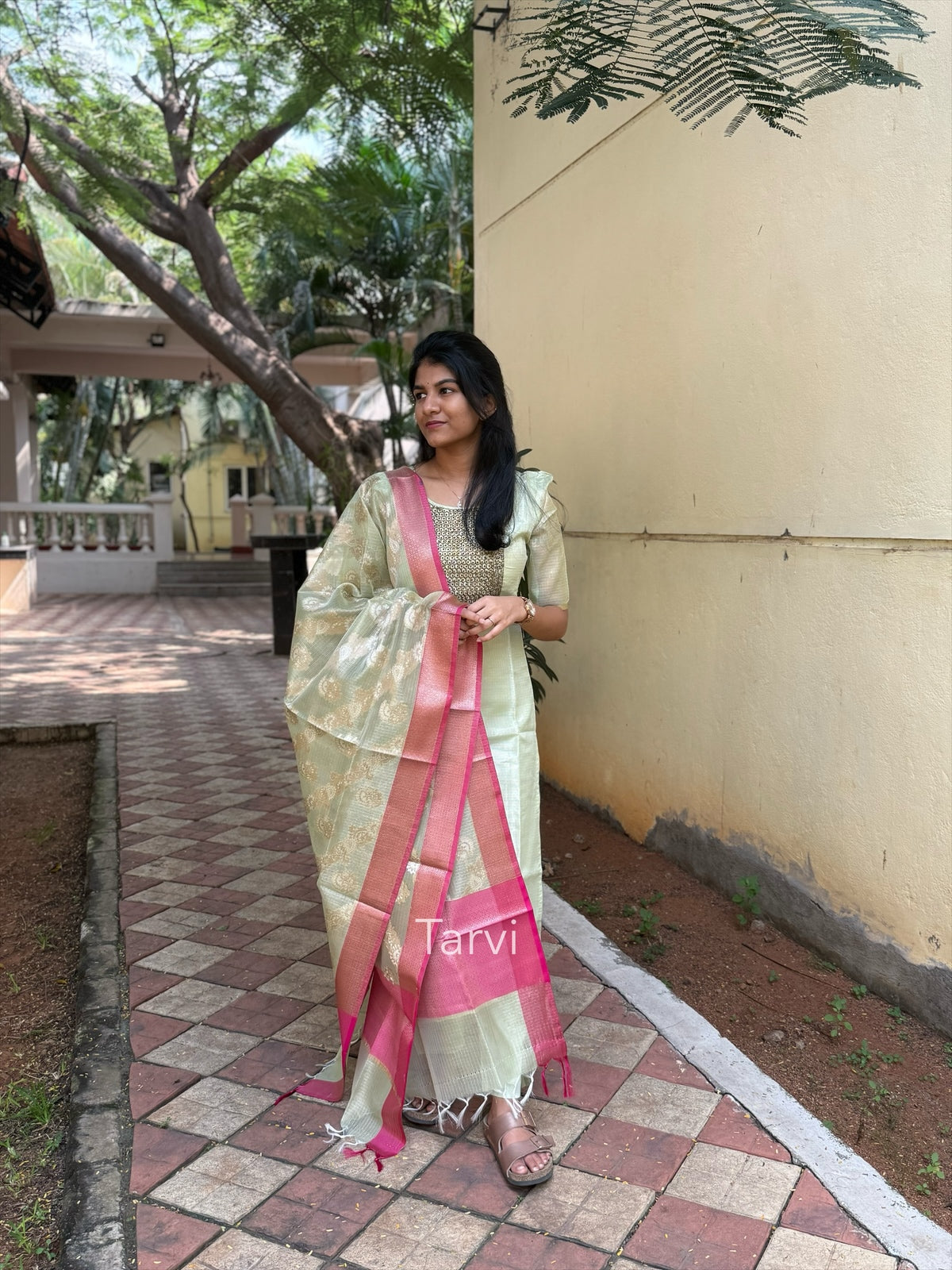 Light Green Sequin-Embellished Tissue Silk 3 pc Kurti Set with Brocade Dupatta and Silk Pant