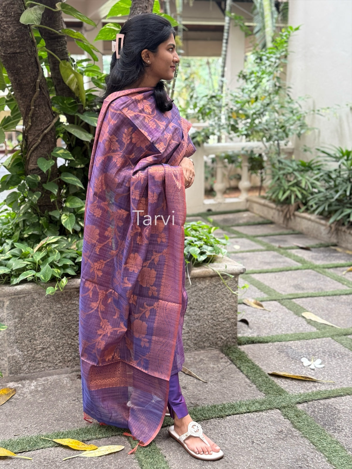 Purple Tissue Silk, featuring sequin neck detailing, cotton lining, Copper Zari dupatta, and matching silk pants with pocket