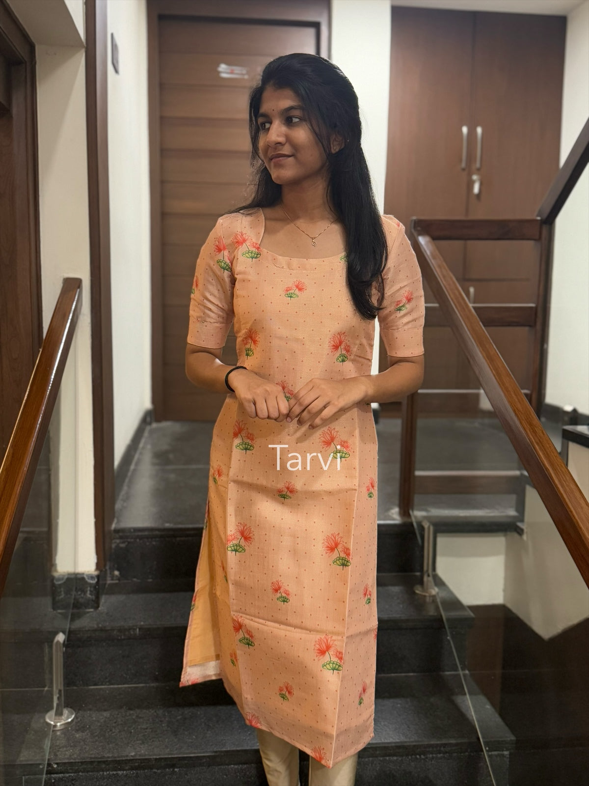 Peach Chanderi Silk Kurti with cotton lining and Pichwai Dupatta.