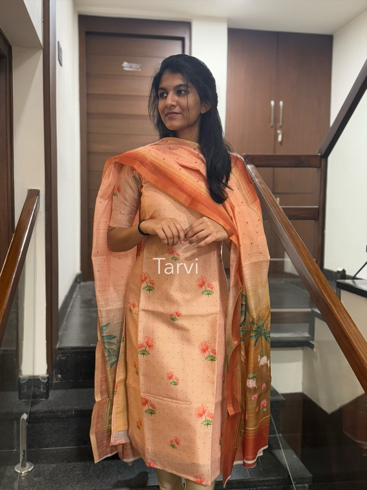 Peach Chanderi Silk Kurti with cotton lining and Pichwai Dupatta.