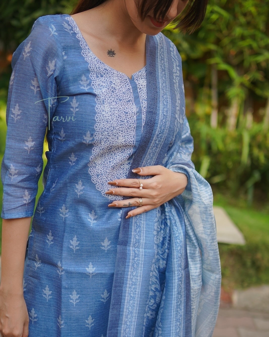 Denim Blue Silk 3 pc Kurti Set with embroidery,Dupatta and Pant
