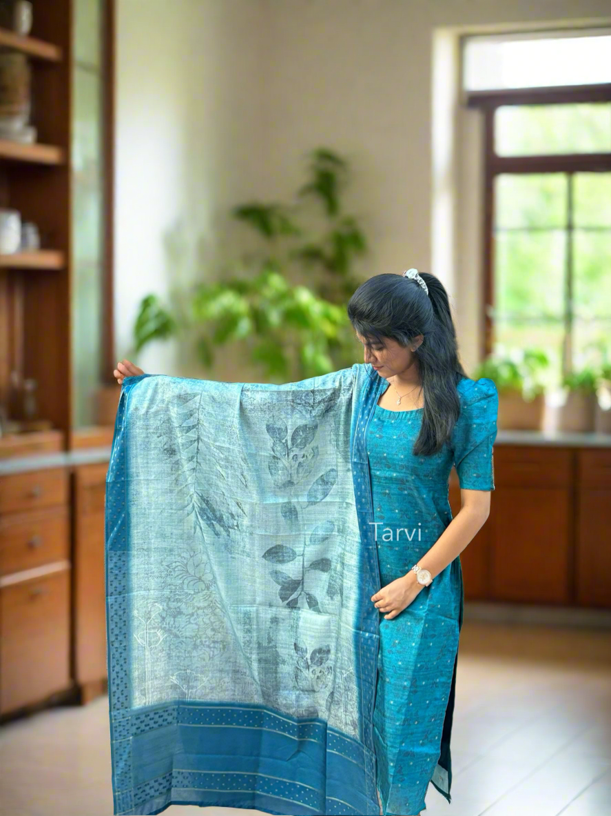 Peacock Blue Chanderi Silk Kurti with Butta, cotton lining and Dupatta