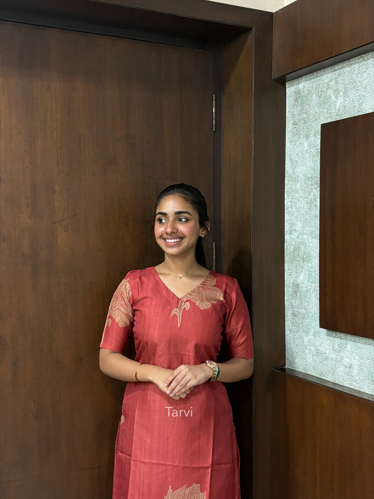 Rust Tussar Silk Kurti with Floral print