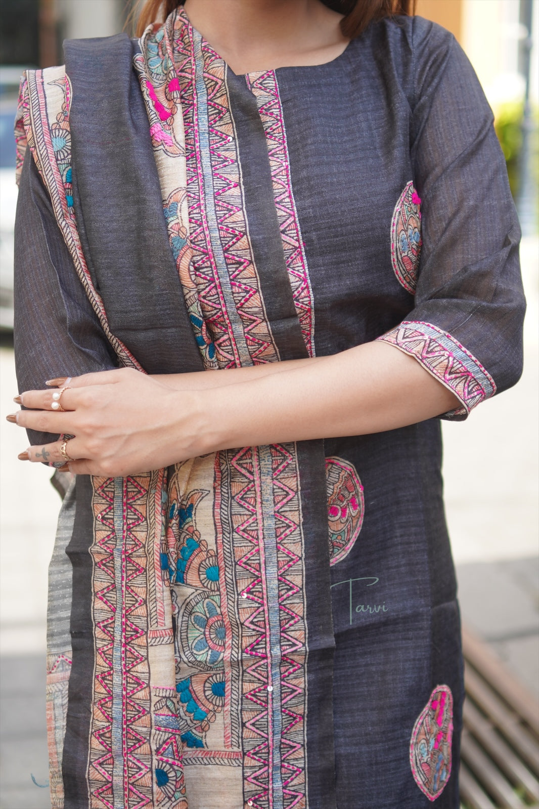 Black 3 Tussar Silk piece Kurti with appliqué, Cotton Lining and Dupatta