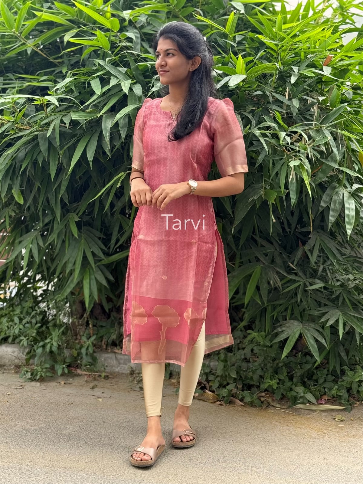 Peach Chanderi Silk Kurti with Golden Jacquard Border, cotton lining and Dupatta.