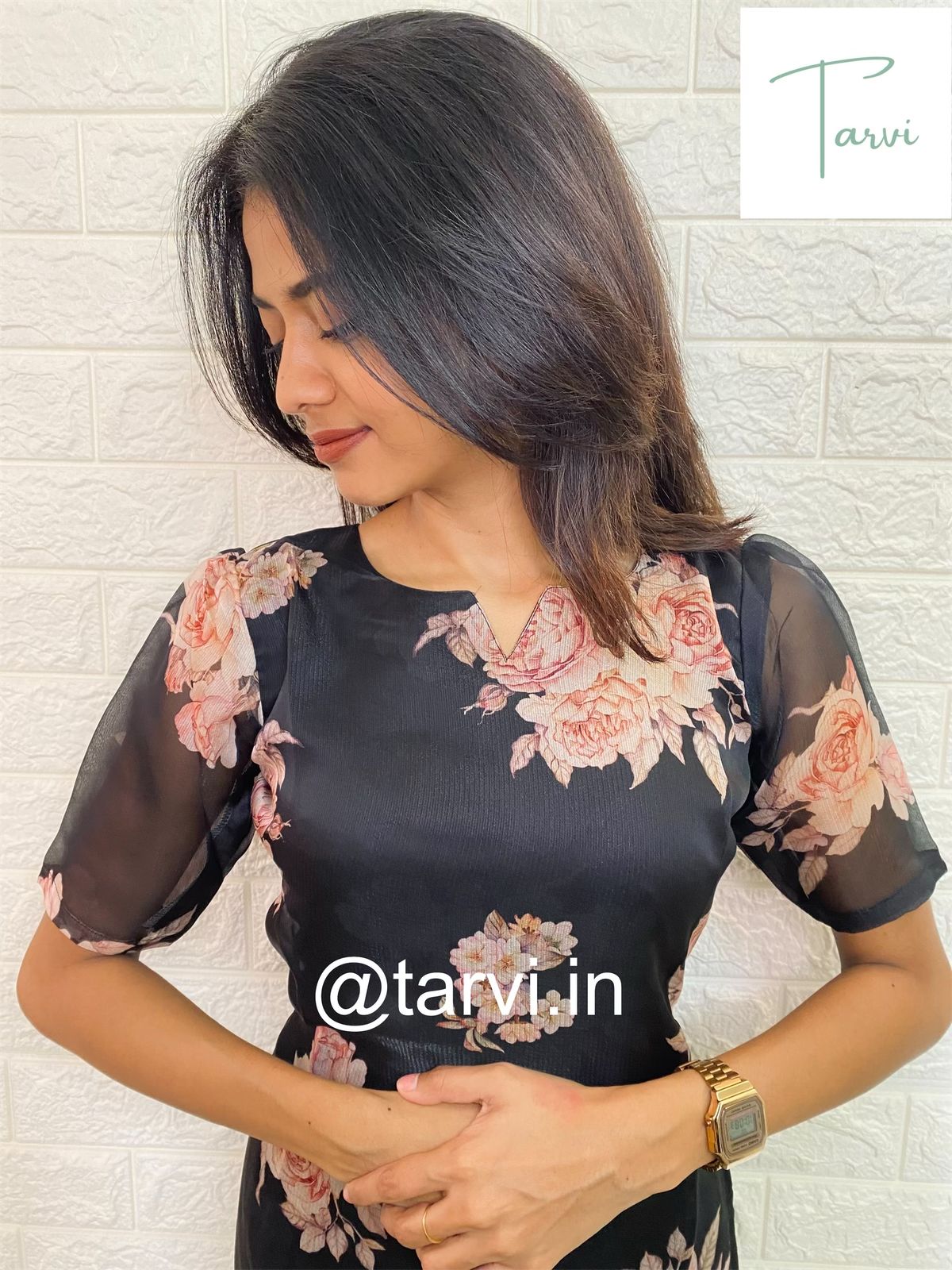 Kota silk floral print black kurti