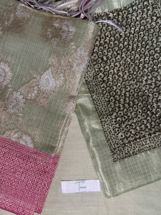 Light Green Tissue Silk 3 pc unstitched Kurti dress material set