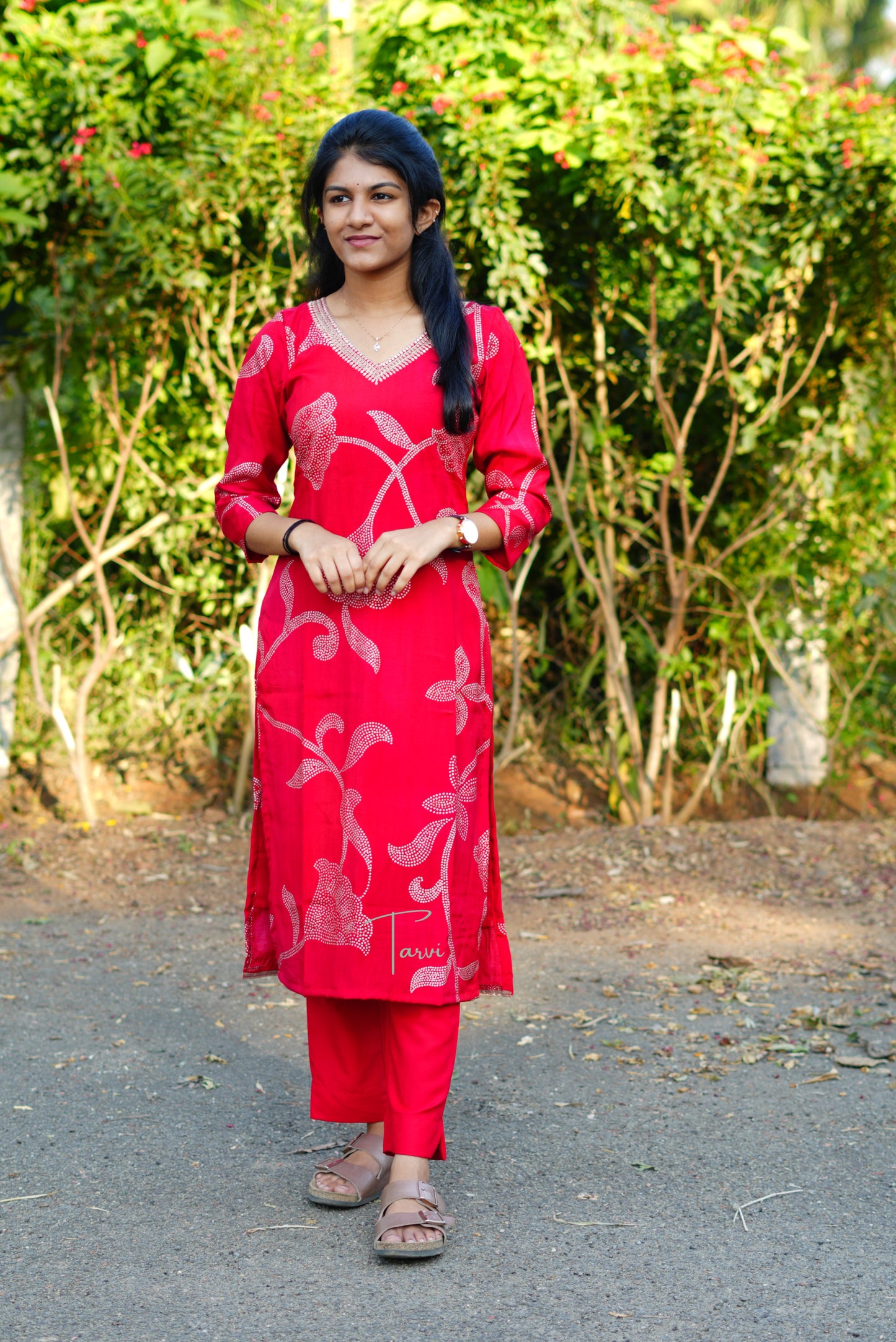 Red Embellished Silk 3 pc Kurti Set, Dupatta and Pant with pocket.