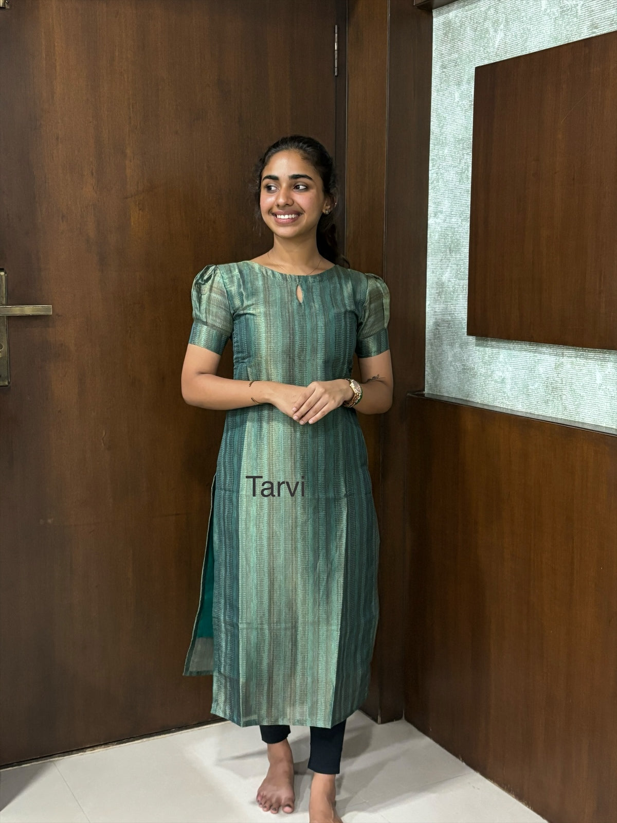 Bottle Green Chanderi Tissue Silk Kurti with Cotton Lining & Dupatta