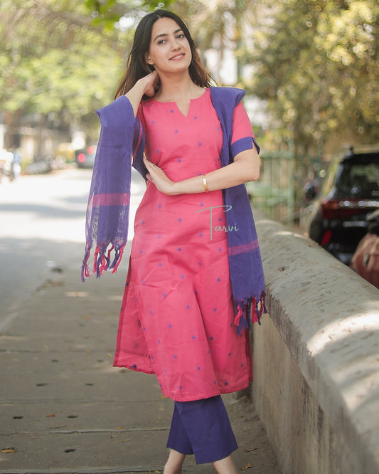 Pink Pure cotton Handloom 3 pc Kurti Set with cotton lining,dupatta and Pant with Pocket