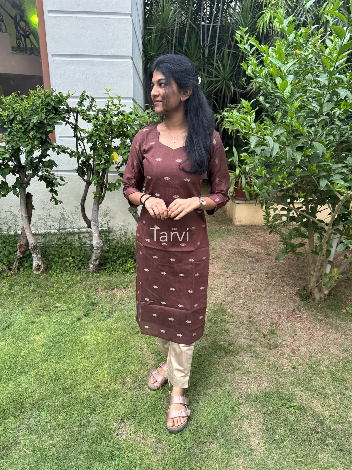 Coffee Brown Raw silk 3-piece set with a cotton lined kurti, hand block-printed dupatta, and pants with a pocket.