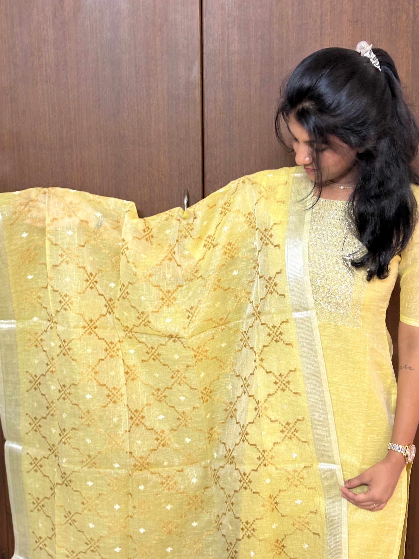 Lemon Yellow Sequin-Embellished Tissue Silk 3 pc Kurti Set with Embroidered Dupatta and Silk Pant