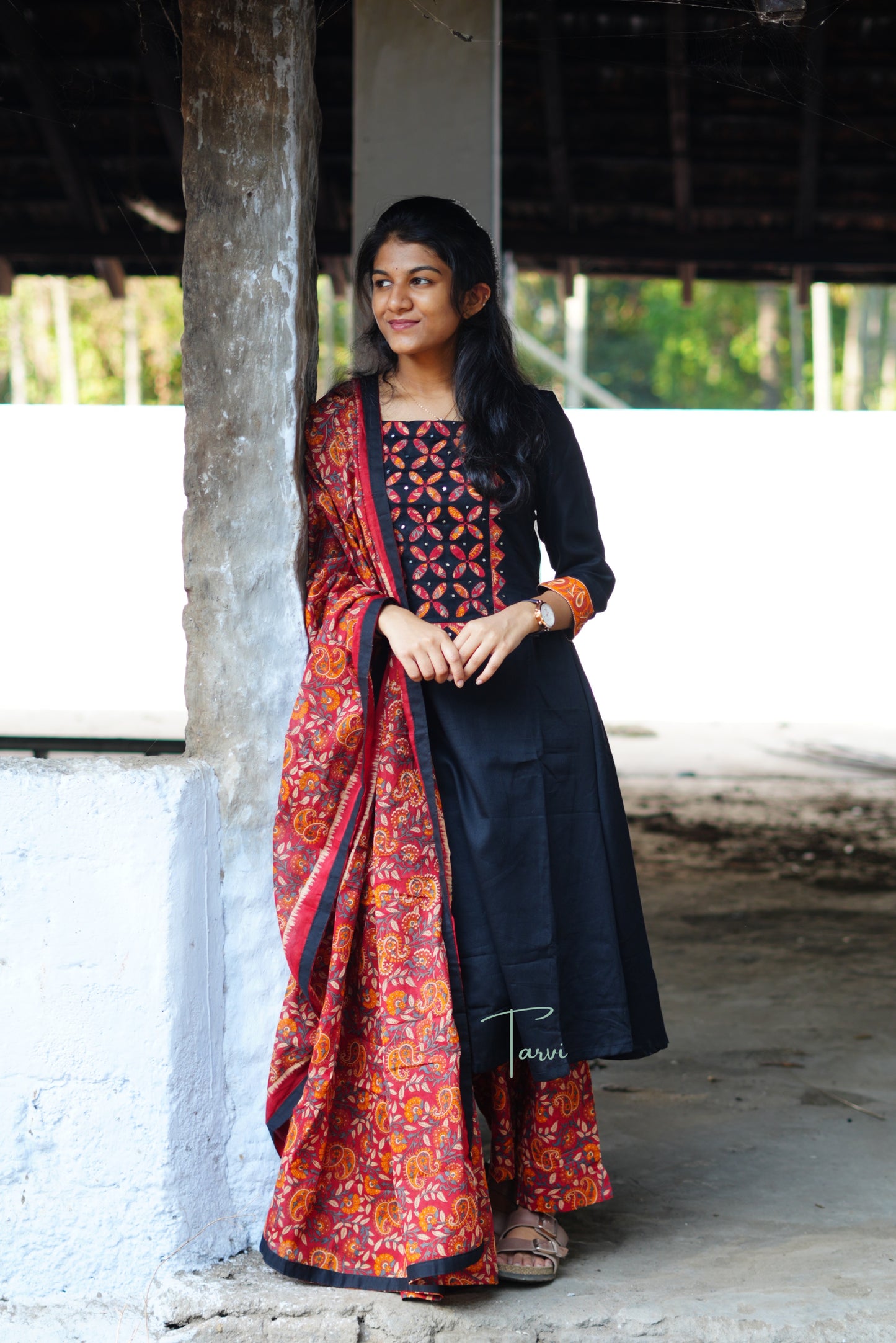 Black Cotton 3 pc Kurti Set with Embellishment, Dupatta and Pant