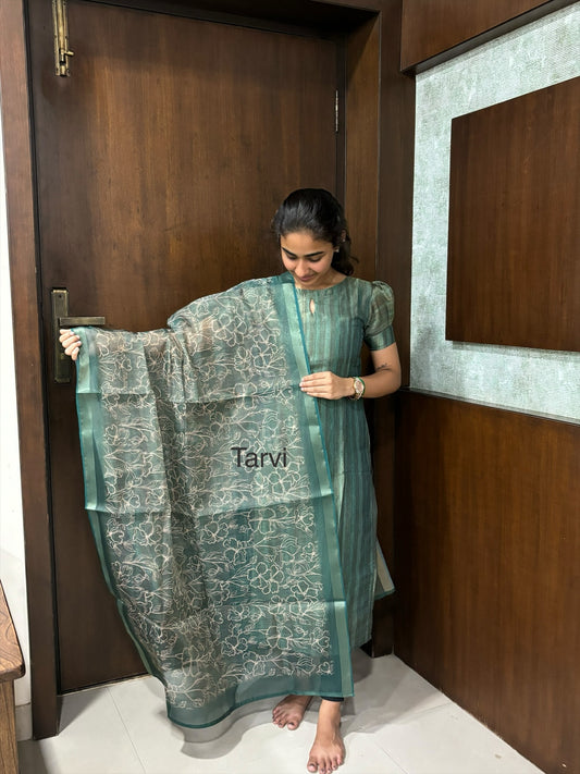 Bottle Green Chanderi Tissue Silk Kurti with Cotton Lining & Dupatta