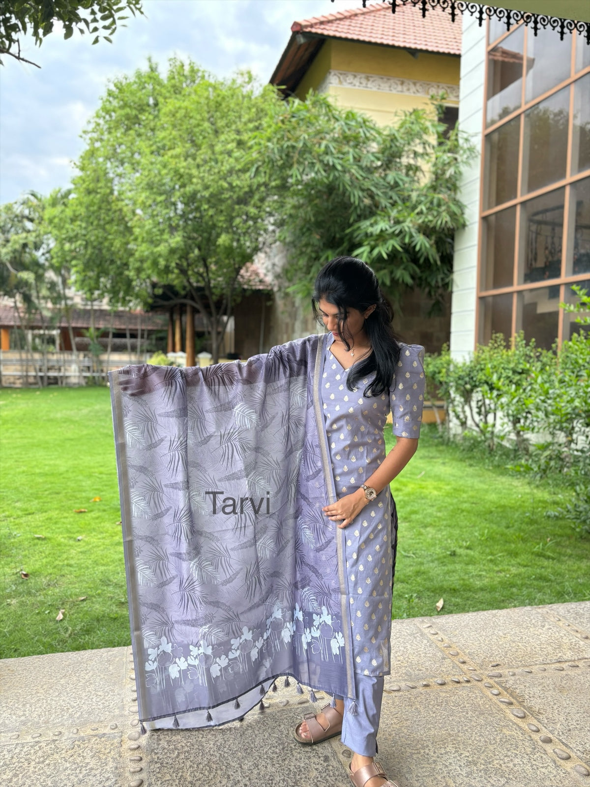 Lavender Grey Banarasi Handloom 3 pc Kurti Suit with Dupatta, Cotton Pant with Pocket